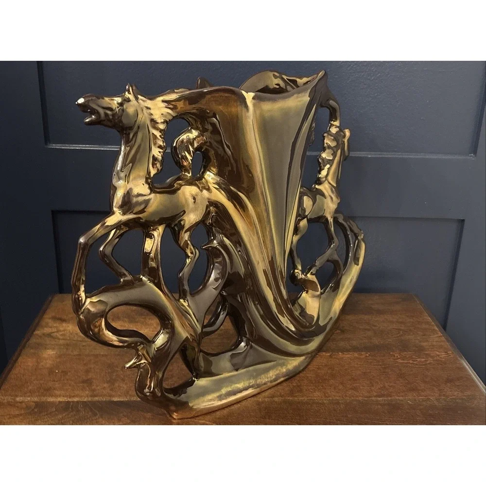 Mid-century Italian porcelain Lustreware horses vase